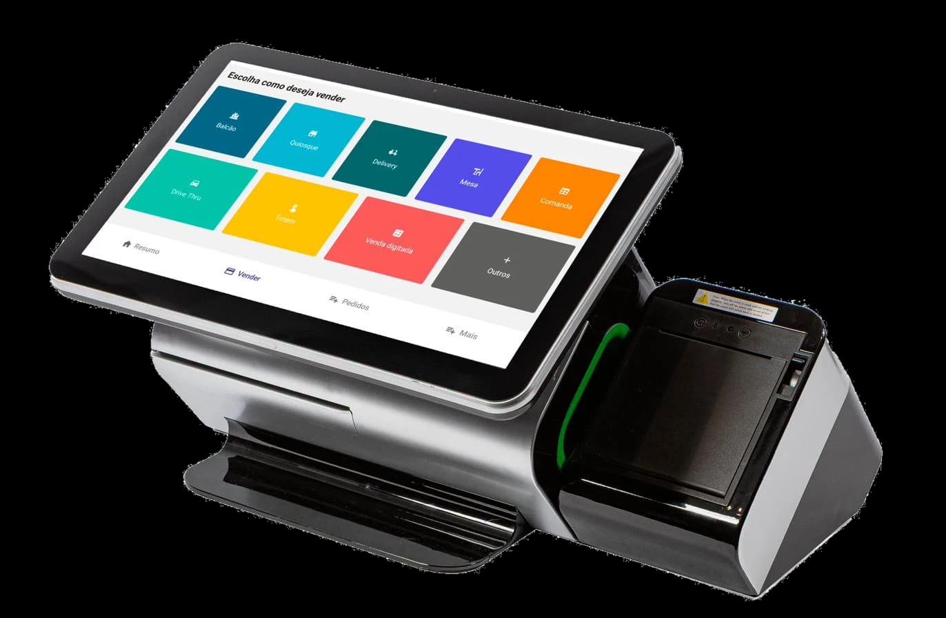 Colibri Fácil: terminal Android com impressora térmica exibindo os modos de venda