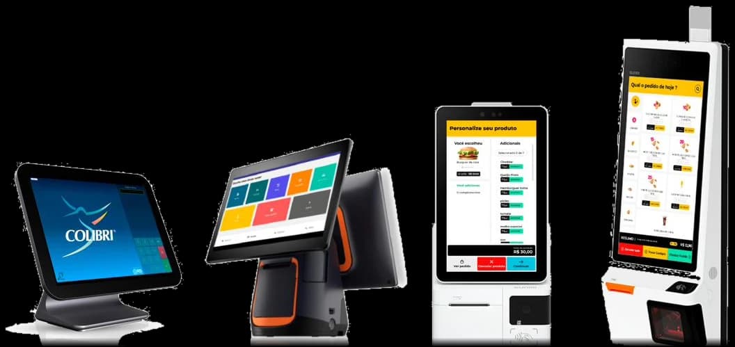 Ecossistema Colibri: PDV Colibri, PDV Android com impressora térmica, totem de autoatendimento de mesa e totem de piso
